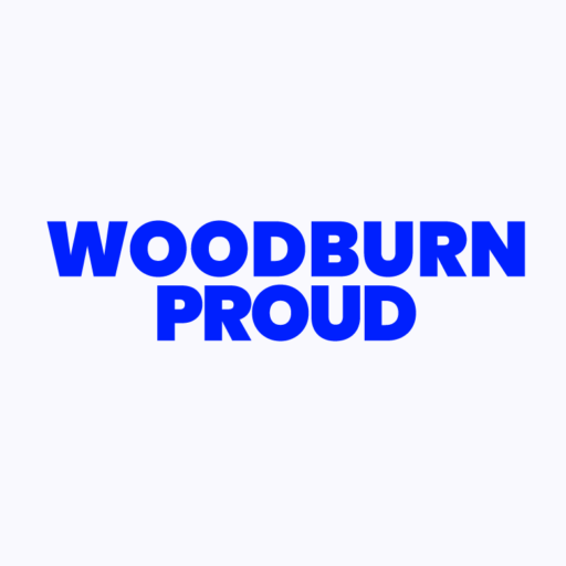 blue text saying woodburn proud